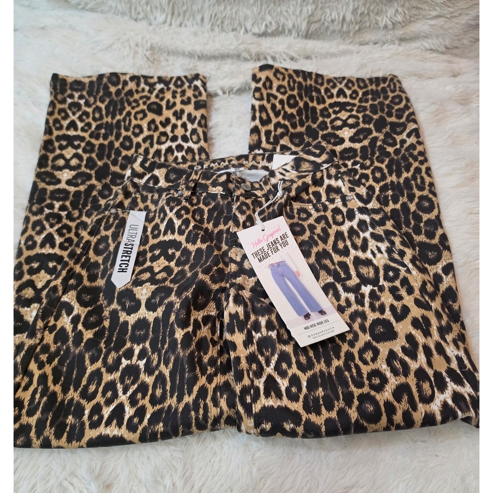 Gemma Rae USA Leopard Print Mid-Rise Wide Leg Jeans NWT Size 00 Ultra Stretch - Picture 5 of 9